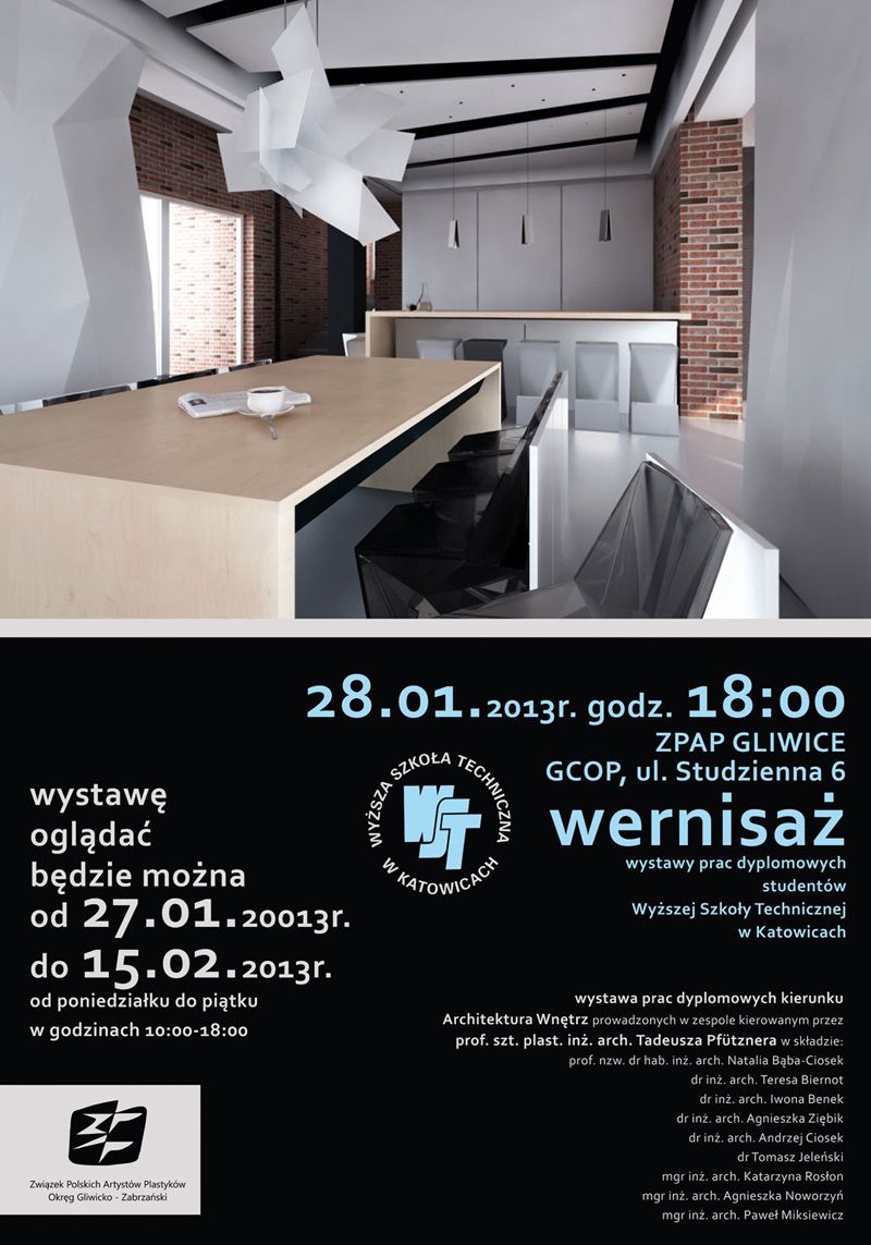 Wystawa prac dyplomowych studentów kierunku Architektura Wnętrz WST w Katowicach.