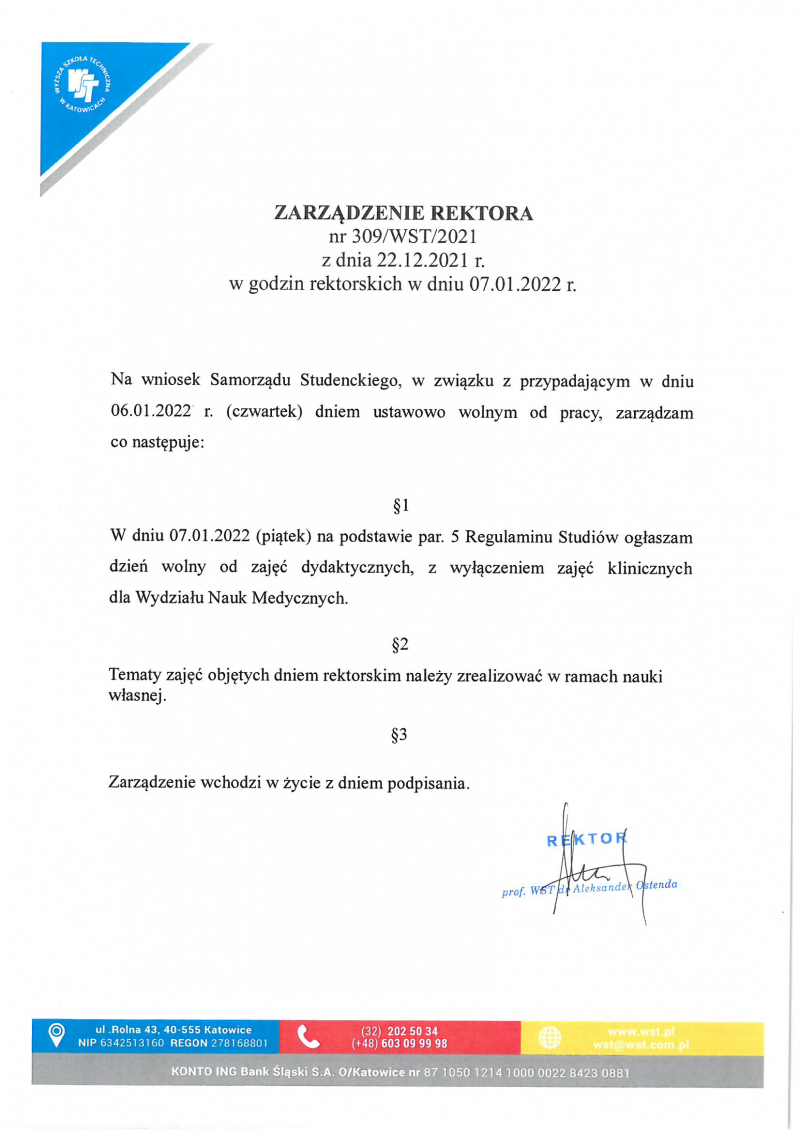 Zarządzenie Rektora w sprawie godzin rektorskich w dniu 07.01.2022 r