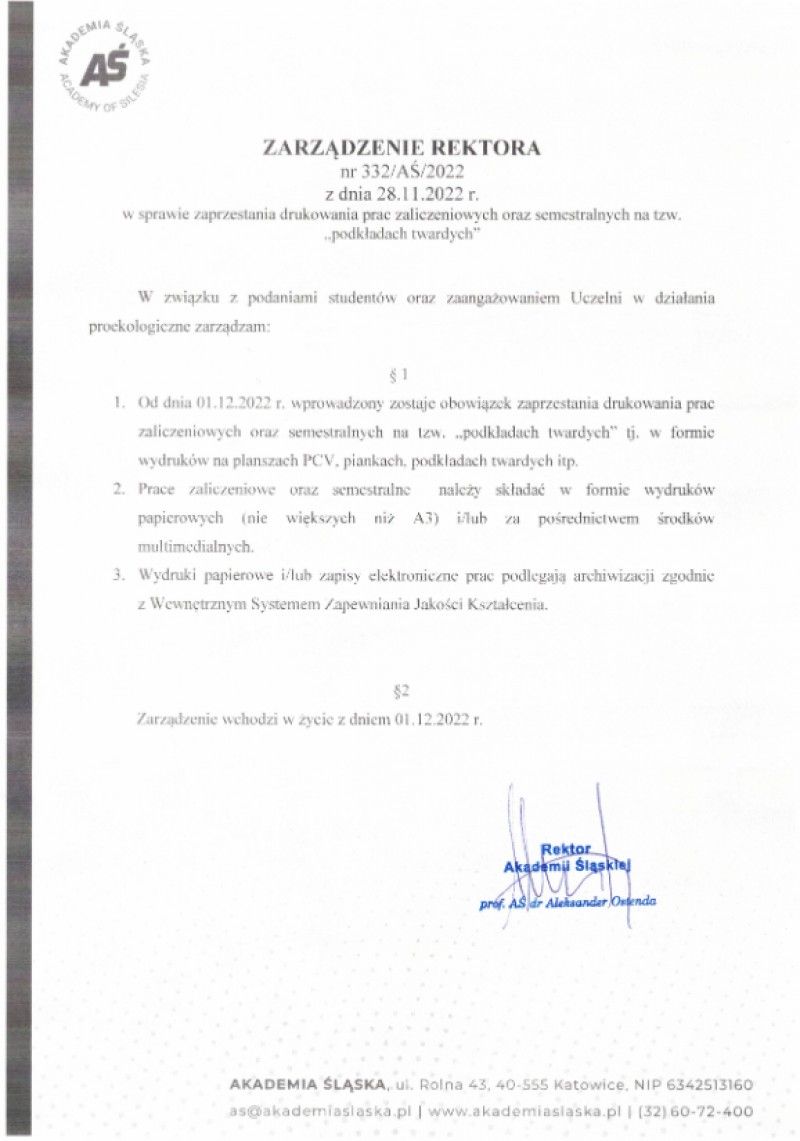 Zarządzanie Rektora ws. zaprzestania drukowania prac zaliczeniowych oraz semestralnych na tzw. 